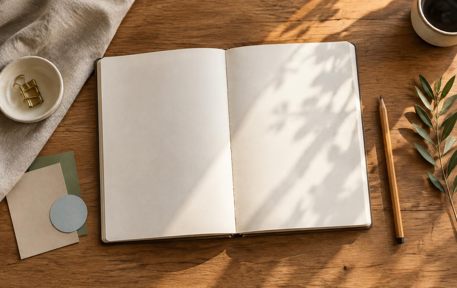 Open workbook and pencil on a warm wood table in natural light