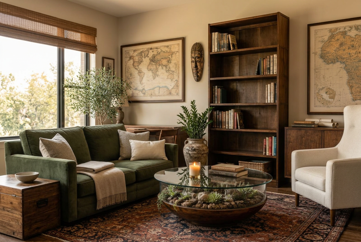 Collected office with walnut furnishings, Persian rugs, maps, books, and a glass-topped succulent table