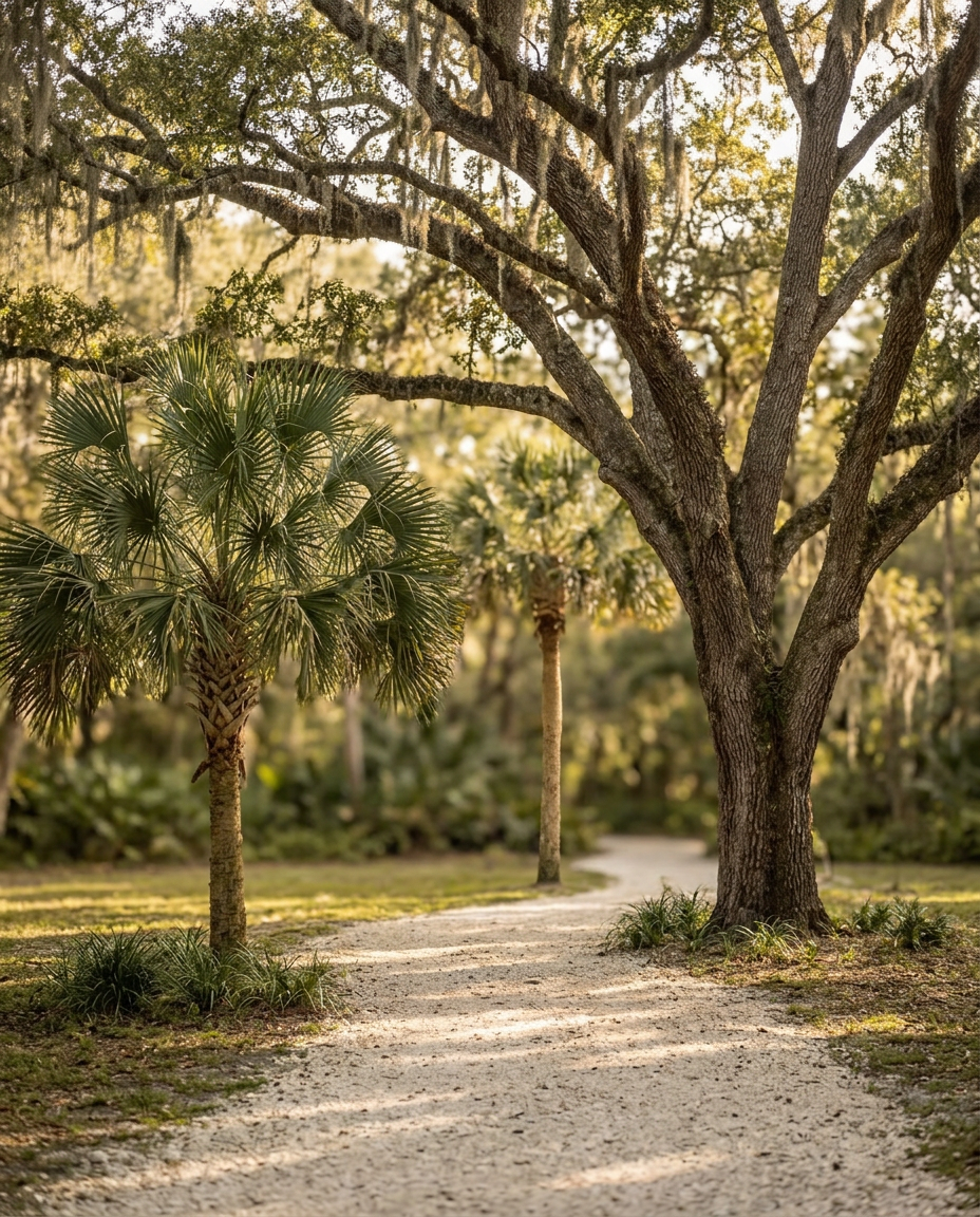 Sunlight filtering through live oaks, palms, and layered subtropical greenery